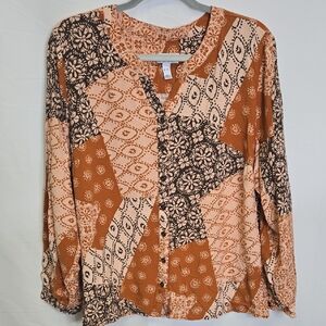 D&Co Canyon Retreat Patchwork‎ Blouse, Orange/Tan/Brown, Womens Size XL